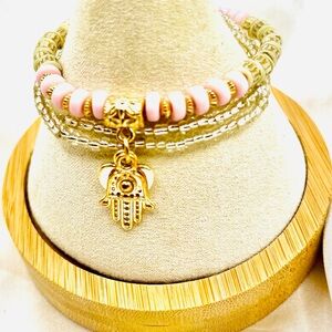 Gold and Pink Beaded Bracelet with Hamsa Charm